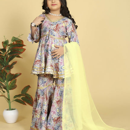 Divine Drape Girls Muslin MultiColour Printed Straight Kids Kurta Sharara With Dupatta