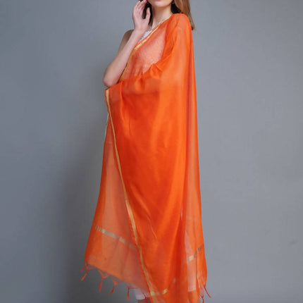 Shehnaai Chanderi Silk Dupatta In Orange Colour With Golden Woven Border