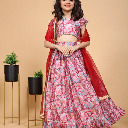 Divine Drape Girls Chinon Pink Printed Kids Lehenga Choli With Dupatta
