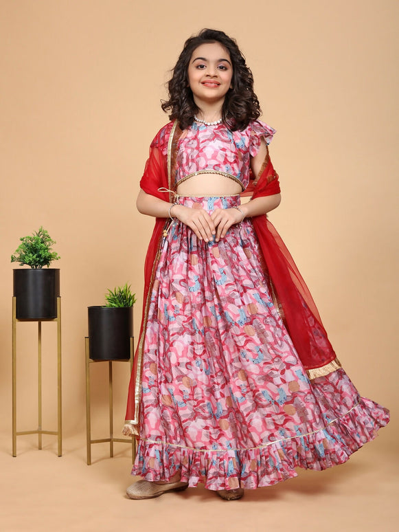 Divine Drape Girls Chinon Pink Printed Kids Lehenga Choli With Dupatta