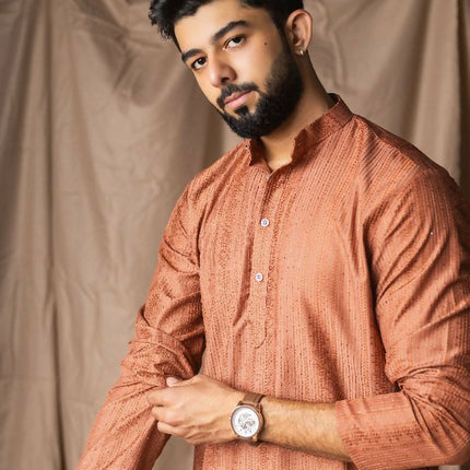 Reddish Orange Rayon Thread Embroidery Work Kurta Set - Mahotsav