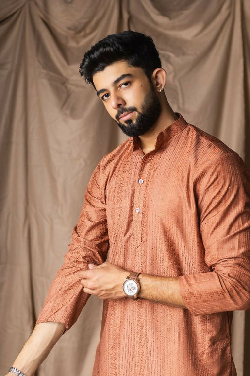 Reddish Orange Rayon Thread Embroidery Work Kurta Set - Mahotsav