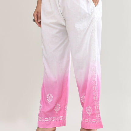 Joban Fashion Womens Cotton ChikanKari Pink & White Cord set