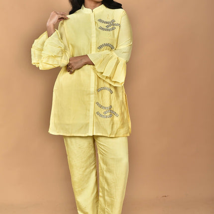 Morchari Women Hand Embroidery Co-Ords-Yellow