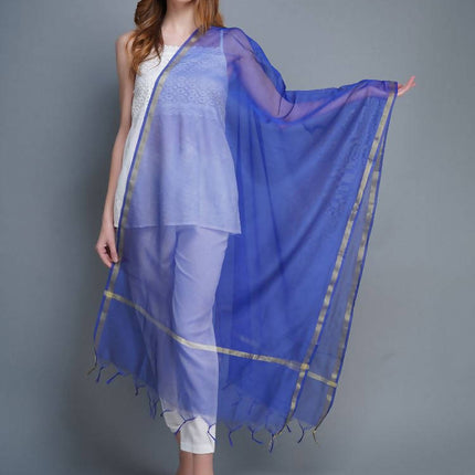 Shehnaai Chanderi Silk Dupatta In Blue Colour With A Golden Woven Border