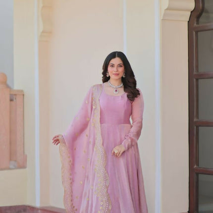 Aastha Fashion Pink Fendy Chiffon 12 Kali Stitched Party Wear Designer Gown