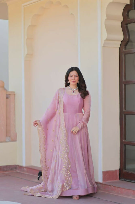 Aastha Fashion Pink Fendy Chiffon 12 Kali Stitched Party Wear Designer Gown