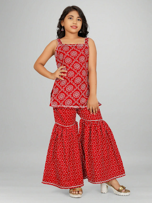 Divine Drape Girls Rayon Red Printed Straight Kids Kurta Sharara With Dupatta