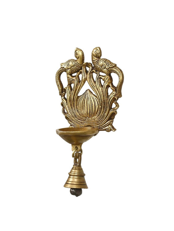 eCraftIndia Gold-Toned Handcrafted Antique Finish Diya with Bells Decorative Wall Hanging Showpiece