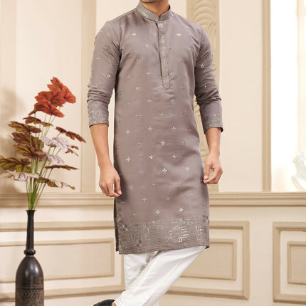 Raivat Ethnic Men's Art Silk Thread Work Kurta Pyjama In Brown Colour