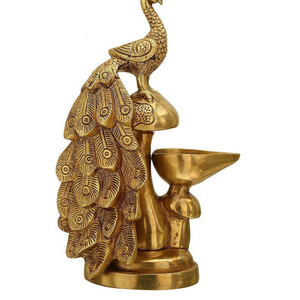 Craftvatika Gold-Toned Brass Diya Oil Lamp Peacock Hanging Diya
