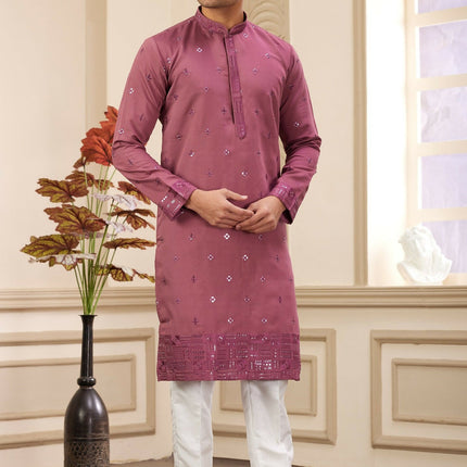 Raivat Ethnic Men's Art Silk Thread Work Kurta Pyjama In Mauve Colour