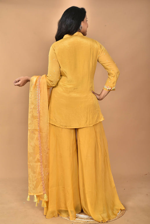 Morchari Women And Hand Embroidery Palazzo Set-Yellow