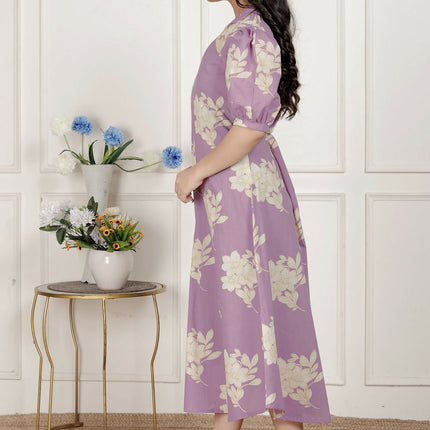 Miravan Womens Lavender Floral Printed A-Line Maxi Dress
