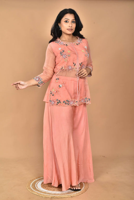 Morchari Women And Hand Embroidery Palazzo Set-Peach