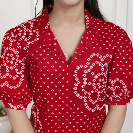 Miravan Womens Red Bandhani Printed Collar Neck Maxi Dress