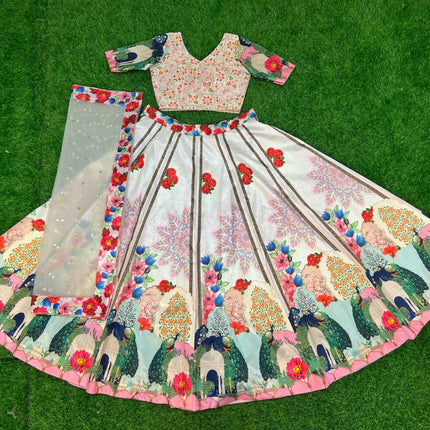 Aastha Fashion Off White Medonna Silk Heavy Digital Print Semi Stitched Wedding Wear Lehenga Choli