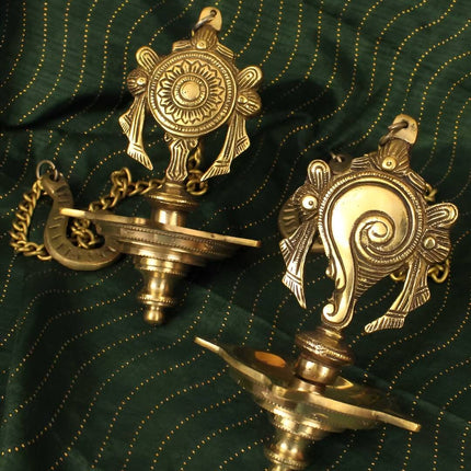 Spillbox Gold-Toned 2 Pieces Brass Shangu Chakra Diyas Wall Hanging Pooja Essentials