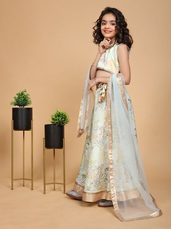 Divine Drape Girls Chinon Pista Printed Kids Lehenga Choli With Dupatta