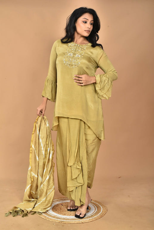 Morchari Women And Hand Embroidery Palazzo Set-Mehandi Green