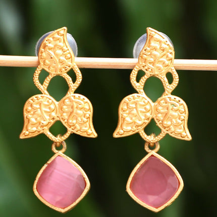 Joban Fashion Women Pink Stone Matte Gold Earrings