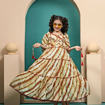 Divine Drape Girls Muslin Mustard Printed Kids Anarkali Gown