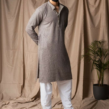 Grey Rayon Thread Embroidery Work Kurta Set - Mahotsav