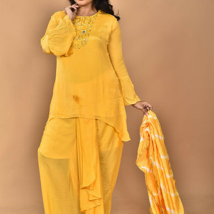 Morchari Women And Hand Embroidery Palazzo Set-Yellow