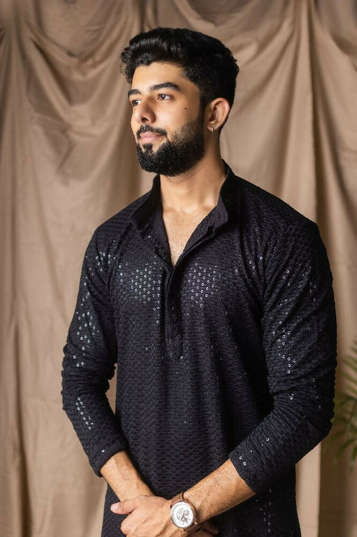 Black Rayon Thread Embroidery Work Kurta Set - Mahotsav
