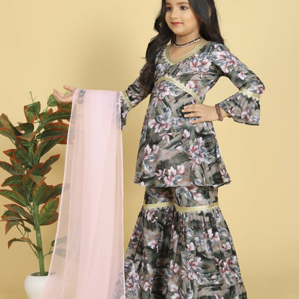Divine Drape Girls Muslin Grey Printed Straight Kids Kurta Sharara With Dupatta