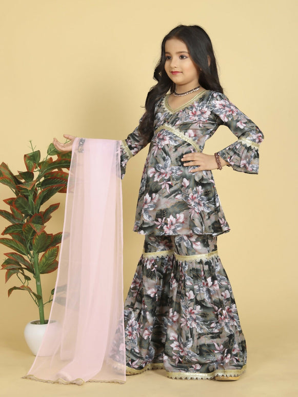 Divine Drape Girls Muslin Grey Printed Straight Kids Kurta Sharara With Dupatta
