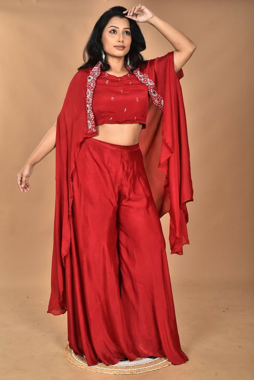 Morchari Women And Hand Embroidery Palazzo Set-Maroon