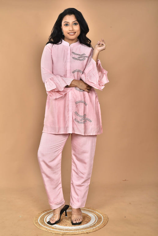 Morchari Women Hand Embroidery Co-Ords-Pink