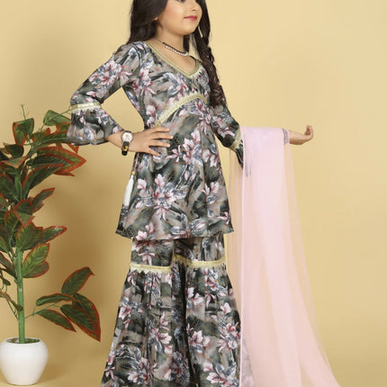 Divine Drape Girls Muslin Grey Printed Straight Kids Kurta Sharara With Dupatta