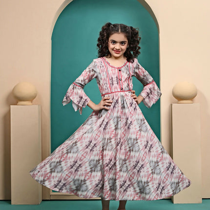 Divine Drape Girls Muslin Pink Printed Kids Anarkali Gown