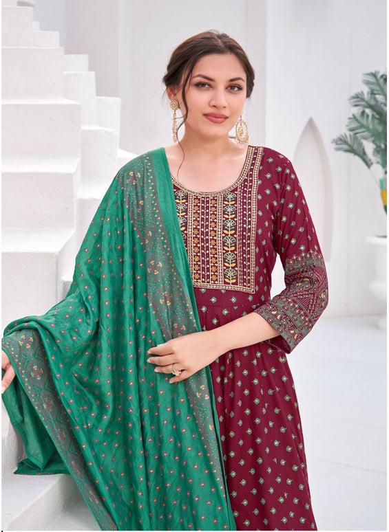 Aastha Fashion Maroon Rayon Party Wear Designer Gown Collection