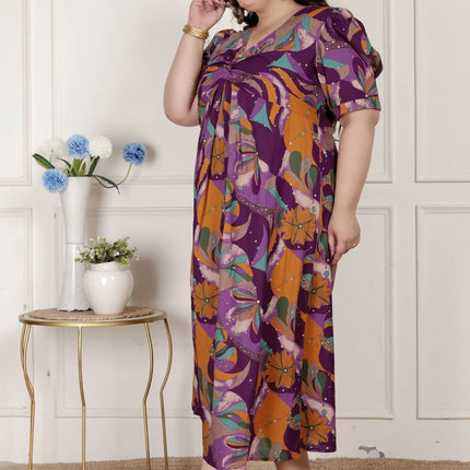 Miravan Womens Plus Size Floral Print Puff Sleeve Pure Cotton Magenta Butterfly Maxi Dress