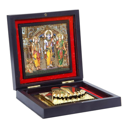 AncientlRam Darbar Pocket Temple Box With Charan Paduka Square Shaped, Gold-Polished
