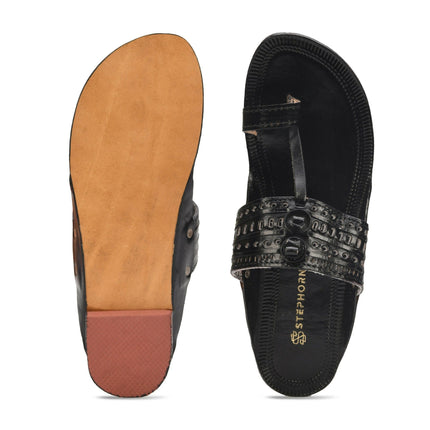 Stepsoft Men'S Leather Kolhapuri Chappals – Handcrafted Ethnic Flats (Black)