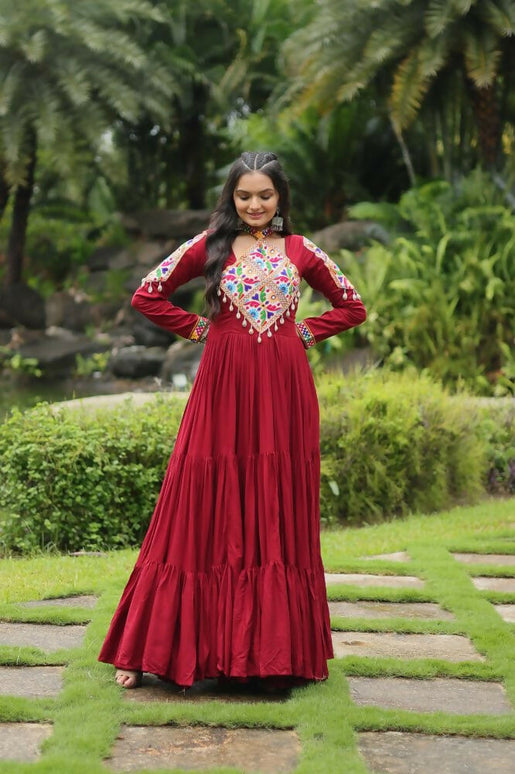 Aastha Fashion Maroon 14 kg Reyon Kutchi Gamthi Work Party Wear Designer Gown