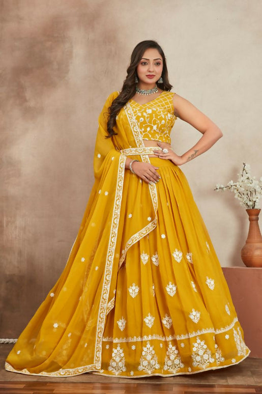 Aastha Fashion Mustard Yellow Heavy Georgette Embroidery Thread + Sequence Work Semi Stitched Wedding Wear Lehenga Choli