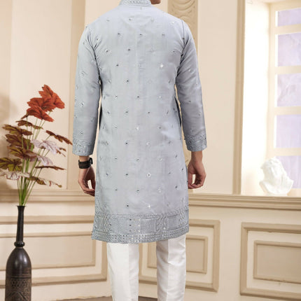 Raivat Ethnic Men's Art Silk Thread Work Kurta Pyjama In Light Grey Colour