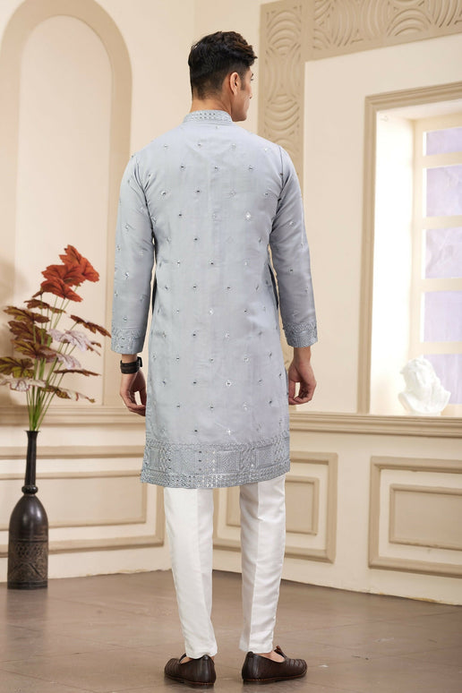 Raivat Ethnic Men's Art Silk Thread Work Kurta Pyjama In Light Grey Colour