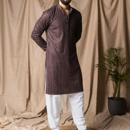 Dark Brown Rayon Thread Embroidery Work Kurta Set - Mahotsav