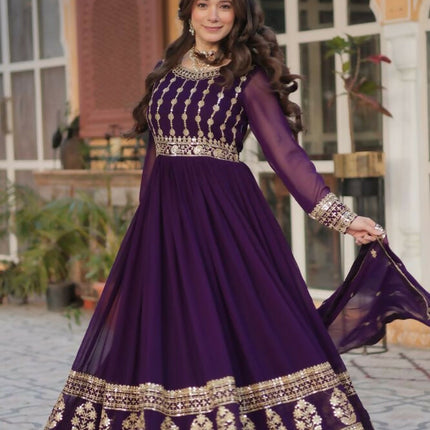 Aastha Fashion Purple Faux Blooming Embroidery Zari Sequins-work Party Wear Designer Gown
