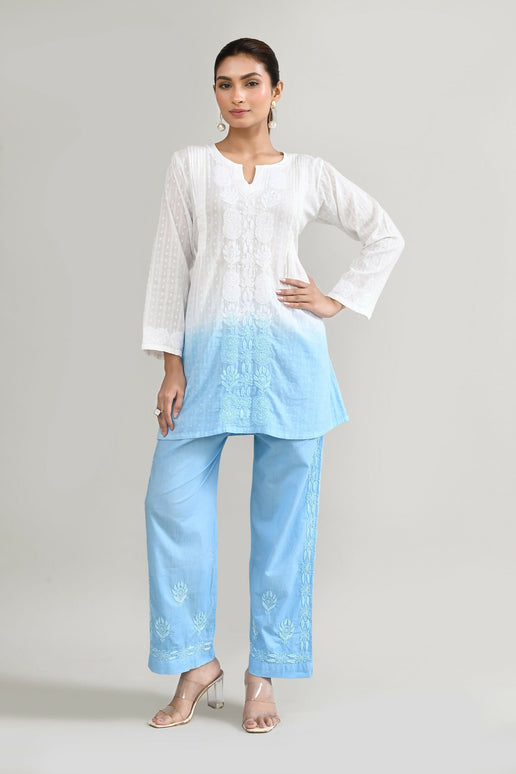 Joban Fashion Womens Cotton ChikanKari Sky Blue & White Cord set