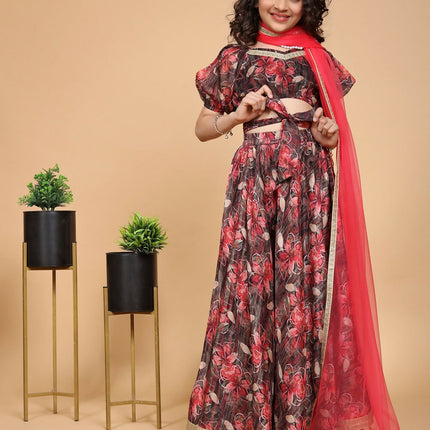 Divine Drape Girls Chinon Maroon Printed Kids Lehenga Choli With Dupatta