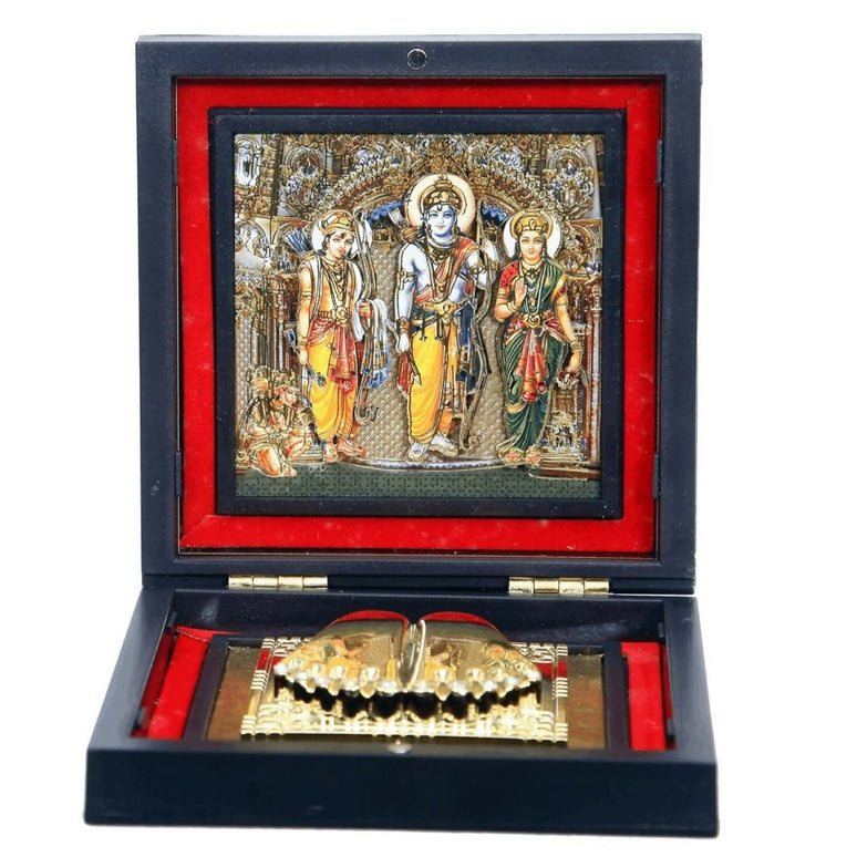 AncientlRam Darbar Pocket Temple Box With Charan Paduka Square Shaped, Gold-Polished