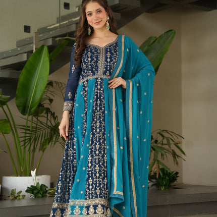 Prazu Fashion Blue Georgette With Zari & Sequins Gown