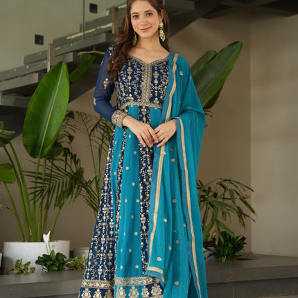 Prazu Fashion Blue Georgette With Zari & Sequins Gown